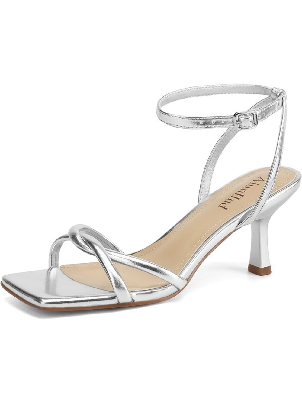 Women's Silver Kitten Low Heel Square Open Toe Adjustable Ankle Strap Sandals